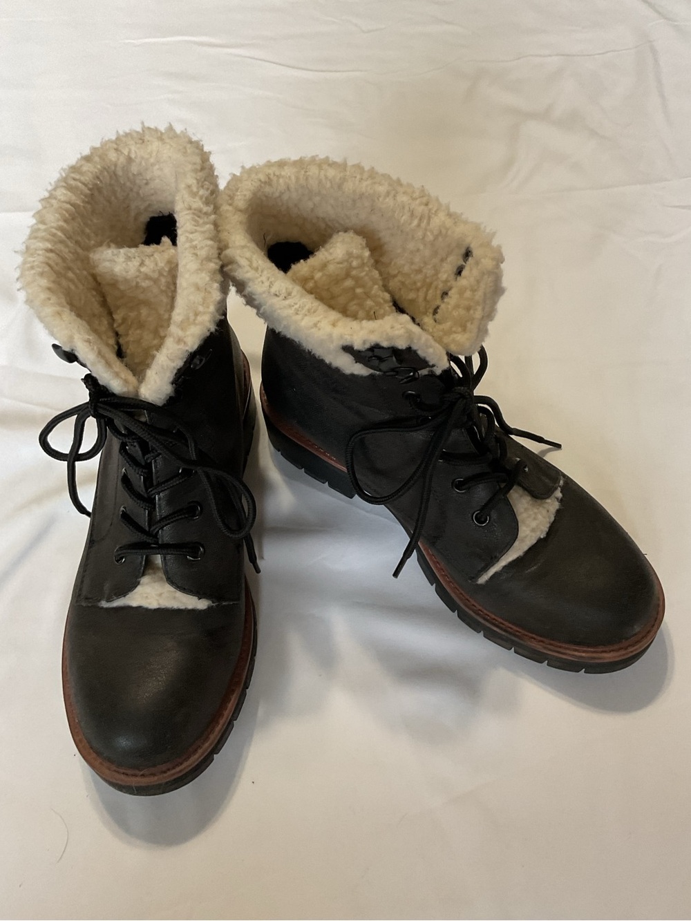 MIA Black Lace-Up Boots with Cream Sherpa Trim